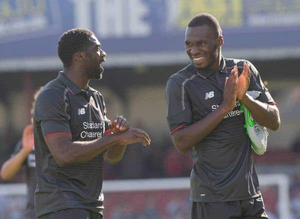 SWINDON, ENGLAND - Sunday, August 2, 2015: Liverpool's Kolo Toure and Christian Benteke celebrate at the end of the friendly match against Swindon Town at the County Ground. (Pic by Mark Hawkins/Propaganda)