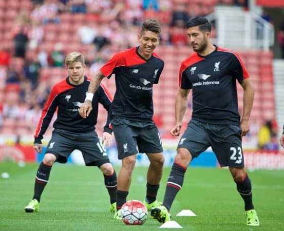 STOKE-ON-TRENT, ENGLAND - Sunday, August 9, 2015: Liverpool's Alberto Moreno, Roberto Firmino and Emre Can warm-up before the Premier League match against Stoke City at the Britannia Stadium. (Pic by David Rawcliffe/Propaganda)