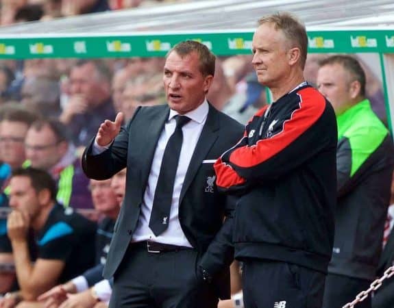 STOKE-ON-TRENT, ENGLAND - Sunday, August 9, 2015: Liverpool's manager Brendan Rodgers and assistant manager Sean O'Driscoll during the Premier League match against Stoke City at the Britannia Stadium. (Pic by David Rawcliffe/Propaganda)