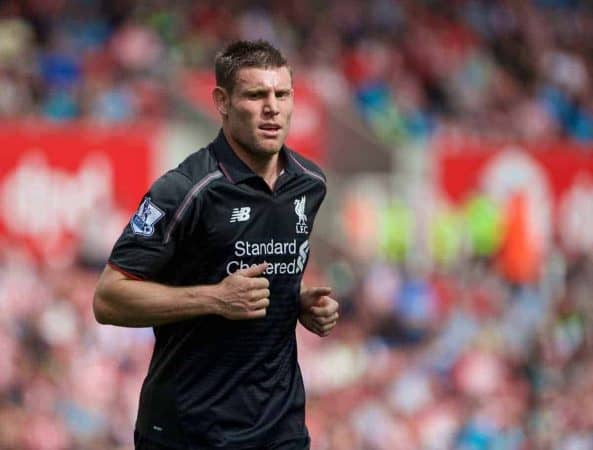 STOKE-ON-TRENT, ENGLAND - Sunday, August 9, 2015: Liverpool's James Milner in action against Stoke City during the Premier League match at the Britannia Stadium. (Pic by David Rawcliffe/Propaganda)