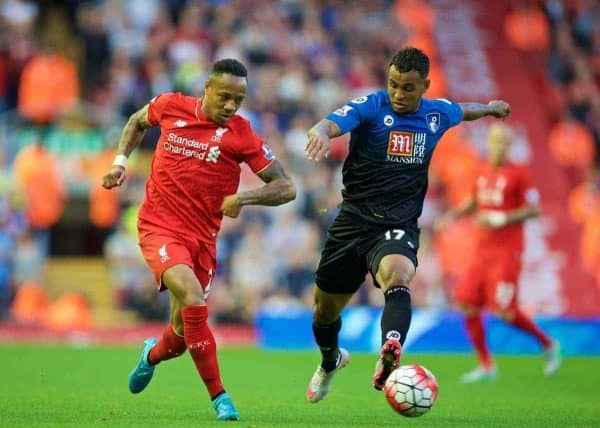 LIVERPOOL, ENGLAND - Monday, August 17, 2015: Liverpool's Nathaniel Clyne in action against AFC Bournemouth during the Premier League match at Anfield. (Pic by David Rawcliffe/Propaganda)