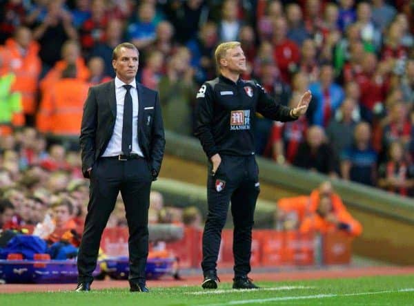 LIVERPOOL, ENGLAND - Monday, August 17, 2015: Liverpool's manager Brendan Rodgers and AFC Bournemouth's manager Eddie Howe during the Premier League match at Anfield. (Pic by David Rawcliffe/Propaganda)