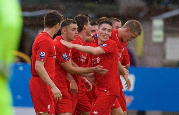 SOUTHPORT, ENGLAND - Wednesday, August 19, 2015: Liverpool's Joao Carlos Teixeira celebrates scoring the third goal against Everton with team-mate during the Under 21 FA Premier League match at Haig Avenue. (Pic by David Rawcliffe/Propaganda)