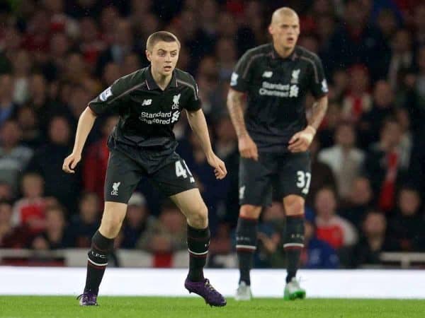 LONDON, ENGLAND - Monday, August 24, 2015: Liverpool's Jordan Rossiter in action against Arsenal during the Premier League match at the Emirates Stadium. (Pic by David Rawcliffe/Propaganda)