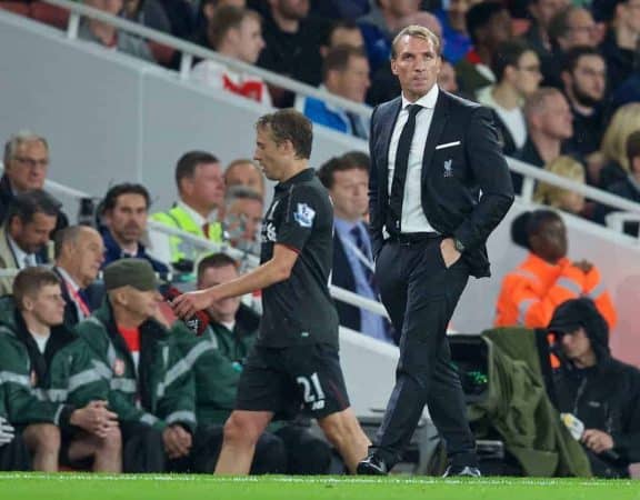 LONDON, ENGLAND - Monday, August 24, 2015: Liverpool's Lucas Leiva is substituted by manager Brendan Rodgers against Arsenal during the Premier League match at the Emirates Stadium. (Pic by David Rawcliffe/Propaganda)