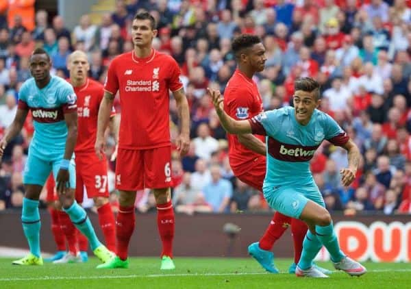LIVERPOOL, ENGLAND - Saturday, August 29, 2015: West Ham United's Manuel Lanzini celebrates scoring the first goal against Liverpool during the Premier League match at Anfield. (Pic by David Rawcliffe/Propaganda)
