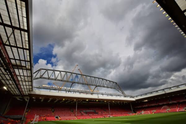 LIVERPOOL, ENGLAND - Saturday, August 29, 2015: Liverpool's new Main Stand truss looms large over the Anfield stadium before the Premier League match against West Ham Unitd at Anfield. (Pic by David Rawcliffe/Propaganda)