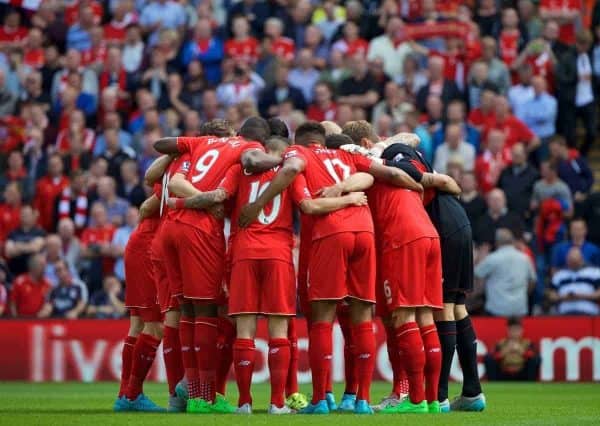 LIVERPOOL, ENGLAND - Saturday, August 29, 2015: Liverpool players form a pre-match huddle before the Premier League match against West Ham United at Anfield. (Pic by David Rawcliffe/Propaganda)