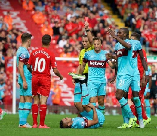 LIVERPOOL, ENGLAND - Saturday, August 29, 2015: Liverpool's Philippe Coutinho Correia is shown a red card for a second yellow by referee Kevin Friend and is sent off against West Ham United during the Premier League match at Anfield. (Pic by David Rawcliffe/Propaganda)