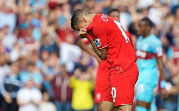 LIVERPOOL, ENGLAND - Saturday, August 29, 2015: Liverpool's Philippe Coutinho Correia looks dejected after being sent off against West Ham United during the Premier League match at Anfield. (Pic by David Rawcliffe/Propaganda)