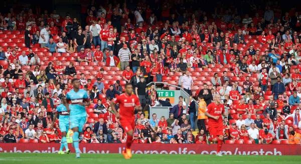 LIVERPOOL, ENGLAND - Saturday, August 29, 2015: Liverpool supporters leave in their droves as the Reds lose 3-0 to West Ham United during the Premier League match at Anfield. (Pic by David Rawcliffe/Propaganda)