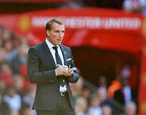 MANCHESTER, ENGLAND - Saturday, September 12, 2015: Liverpool's manager Brendan Rodgers during the Premier League match against Manchester United at Old Trafford. (Pic by David Rawcliffe/Propaganda)