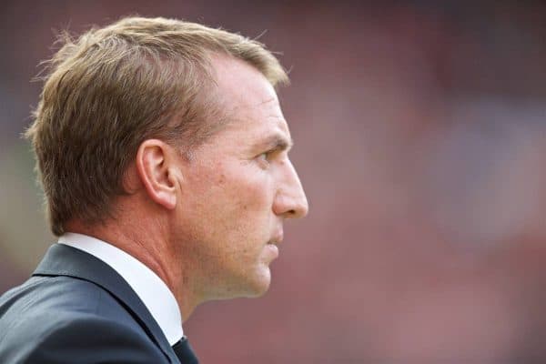 MANCHESTER, ENGLAND - Saturday, September 12, 2015: Liverpool's manager Brendan Rodgers before the Premier League match against Manchester United at Old Trafford. (Pic by David Rawcliffe/Propaganda)