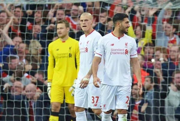 MANCHESTER, ENGLAND - Saturday, September 12, 2015: Liverpool's Martin Skrtel and Emre Can look dejected as Manchester United score the opening goal during the Premier League match at Old Trafford. (Pic by David Rawcliffe/Propaganda)