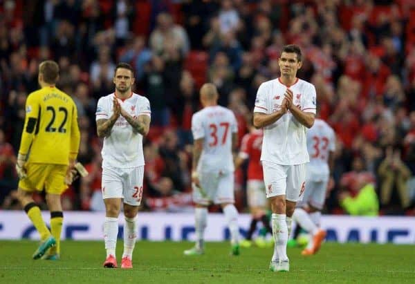 MANCHESTER, ENGLAND - Saturday, September 12, 2015: Liverpool's Danny Ings and Dejan Lovren look dejected after the 3-1 defeat to Manchester United during the Premier League match at Old Trafford. (Pic by David Rawcliffe/Propaganda)