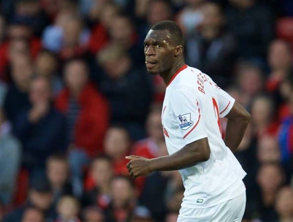 MANCHESTER, ENGLAND - Saturday, September 12, 2015: Liverpool's Christian Benteke celebrates scoring the first goal against Manchester United during the Premier League match at Old Trafford. (Pic by David Rawcliffe/Propaganda)