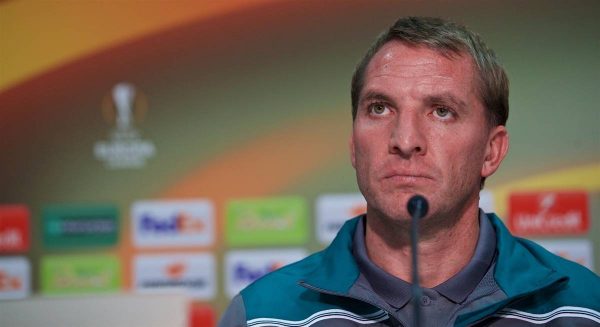 BORDEAUX, FRANCE - Wednesday, September 16, 2015: Liverpool's manager Brendan Rodgers during a press conference ahead of the UEFA Europa League Group Stage Group B match against FC Girondins de Bordeaux at the Nouveau Stade de Bordeaux. (Pic by David Rawcliffe/Propaganda)