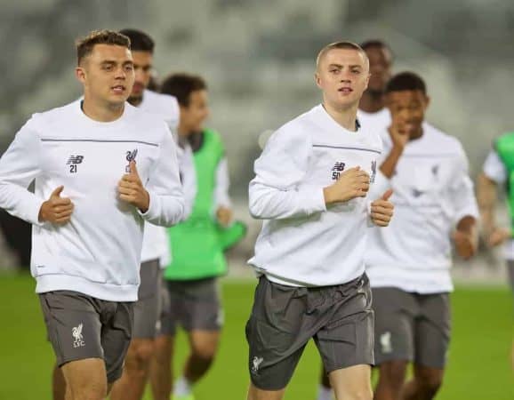 BORDEAUX, FRANCE - Wednesday, September 16, 2015: Liverpool's Connor Randall and Jordan Rossiter during a training session ahead of the UEFA Europa League Group Stage Group B match against FC Girondins de Bordeaux at the Nouveau Stade de Bordeaux. (Pic by David Rawcliffe/Propaganda)