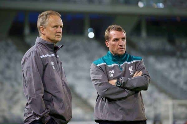 BORDEAUX, FRANCE - Wednesday, September 16, 2015: Liverpool's assistant manager Sean O'Driscoll and manager Brendan Rodgers during a training session ahead of the UEFA Europa League Group Stage Group B match against FC Girondins de Bordeaux at the Nouveau Stade de Bordeaux. (Pic by David Rawcliffe/Propaganda)