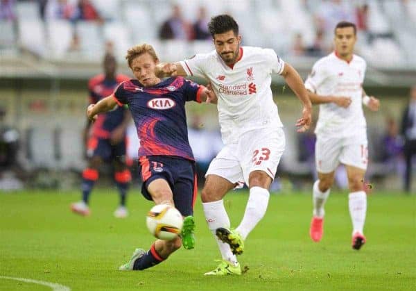 BORDEAUX, FRANCE - Thursday, September 17, 2015: Liverpool's Emre Can in action against FC Girondins de Bordeaux during the UEFA Europa League Group Stage Group B match at the Nouveau Stade de Bordeaux. (Pic by David Rawcliffe/Propaganda)