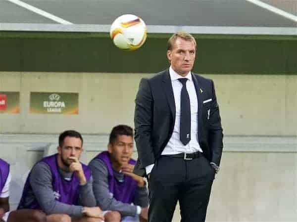 BORDEAUX, FRANCE - Thursday, September 17, 2015: Liverpool's manager Brendan Rodgers during the UEFA Europa League Group Stage Group B match against FC Girondins de Bordeaux at the Nouveau Stade de Bordeaux. (Pic by David Rawcliffe/Propaganda)