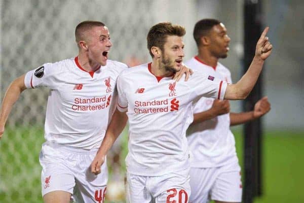 BORDEAUX, FRANCE - Thursday, September 17, 2015: Liverpool's Adam Lallana celebrates scoring the first goal against FC Girondins de Bordeaux during the UEFA Europa League Group Stage Group B match at the Nouveau Stade de Bordeaux. (Pic by David Rawcliffe/Propaganda)