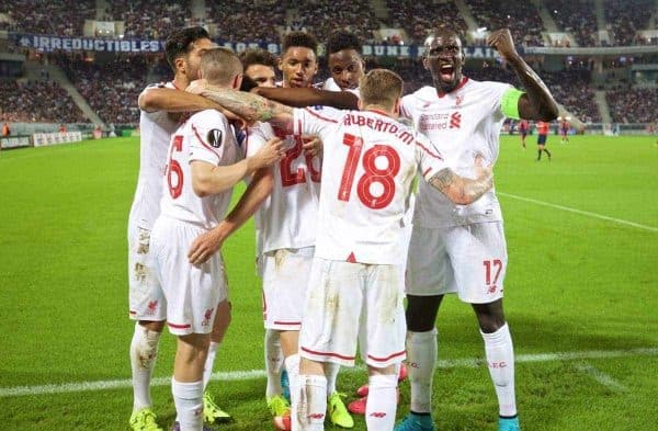 BORDEAUX, FRANCE - Thursday, September 17, 2015: Liverpool's Adam Lallana [hidden] celebrates scoring the first goal against FC Girondins de Bordeaux with team-mates during the UEFA Europa League Group Stage Group B match at the Nouveau Stade de Bordeaux. (Pic by David Rawcliffe/Propaganda)