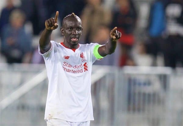 BORDEAUX, FRANCE - Thursday, September 17, 2015: Liverpool's Mamadou Sakho applauds the travelling supporters after the 1-1 draw with FC Girondins de Bordeaux the UEFA Europa League Group Stage Group B match at the Nouveau Stade de Bordeaux. (Pic by David Rawcliffe/Propaganda)