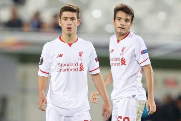 BORDEAUX, FRANCE - Thursday, September 17, 2015: Liverpool's Cameron Brannagan and Pedro Chirivella in action against FC Girondins de Bordeaux during the UEFA Europa League Group Stage Group B match at the Nouveau Stade de Bordeaux. (Pic by David Rawcliffe/Propaganda)