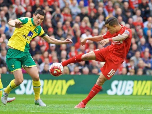 LIVERPOOL, ENGLAND - Sunday, September 20, 2015: Liverpool's Philippe Coutinho Correia in action during the Premier League match against Norwich City at Anfield. (Pic by David Rawcliffe/Propaganda)