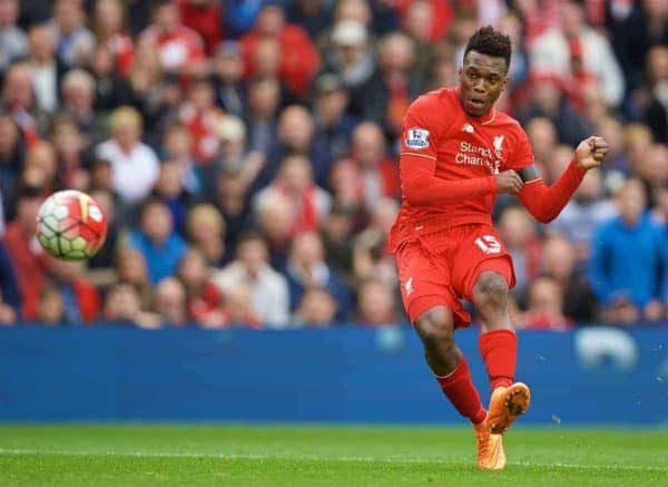 LIVERPOOL, ENGLAND - Sunday, September 20, 2015: Liverpool's Daniel Sturridge in action during the Premier League match against Norwich City at Anfield. (Pic by David Rawcliffe/Propaganda)