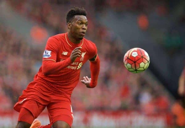 LIVERPOOL, ENGLAND - Sunday, September 20, 2015: Liverpool's Daniel Sturridge in action during the Premier League match against Norwich City at Anfield. (Pic by David Rawcliffe/Propaganda)