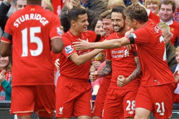 LIVERPOOL, ENGLAND - Sunday, September 20, 2015: Liverpool's Danny Ings celebrates scoring the first goal with teammates during the Premier League match against Norwich City at Anfield. (Pic by David Rawcliffe/Propaganda)