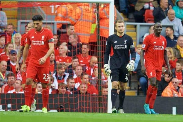 LIVERPOOL, ENGLAND - Sunday, September 20, 2015: Liverpool's goalkeeper Simon Mignolet, Mamadou Sakho and Emre Can looking dejected after Norwich City scored a goal during the Premier League match at Anfield. (Pic by David Rawcliffe/Propaganda)