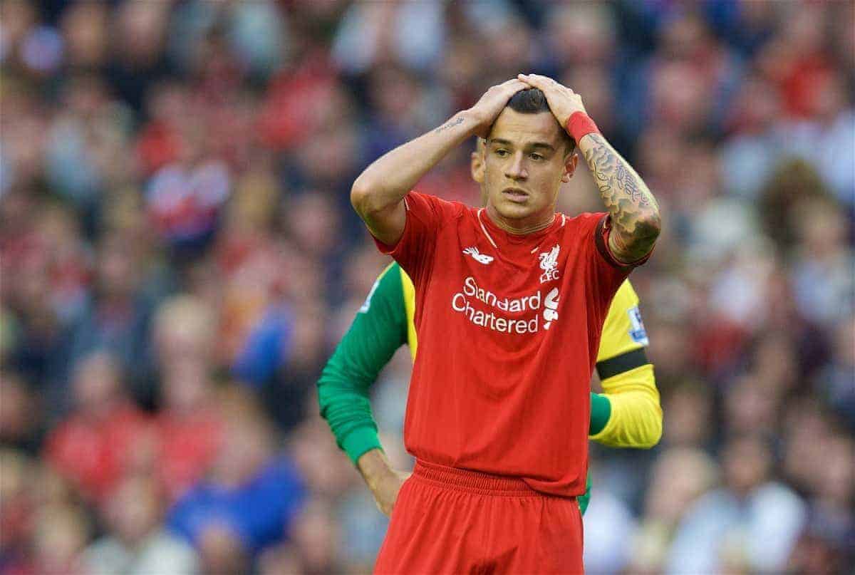 LIVERPOOL, ENGLAND - Sunday, September 20, 2015: Liverpool's Philippe Coutinho Correia looks dejected after missing a chance against Norwich City during the Premier League match at Anfield. (Pic by David Rawcliffe/Propaganda)