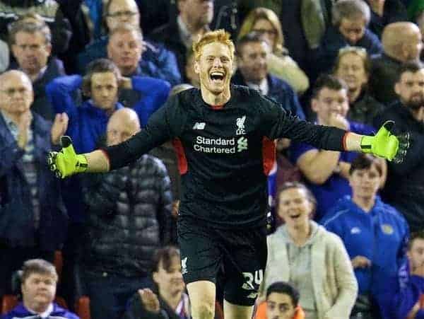 LIVERPOOL, ENGLAND - Wednesday, September 23, 2015: Liverpool's goalkeeper Adam Bogdan celebrates after his saves in the penalty shoot out sealed a 3-2 victory after a 1-1 draw against Carlisle United during the Football League Cup 3rd Round match at Anfield. (Pic by David Rawcliffe/Propaganda)