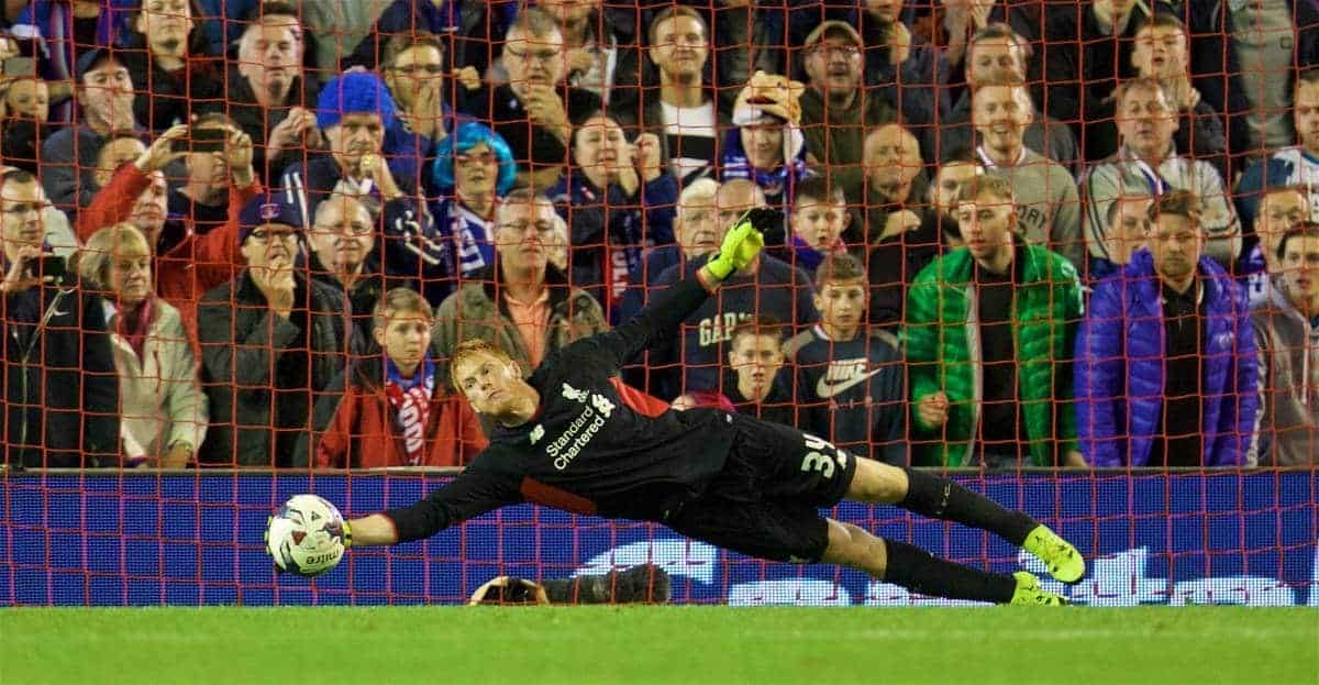 LIVERPOOL, ENGLAND - Wednesday, September 23, 2015: Liverpool's goalkeeper Adam Bogdan makes a save in the 3-2 penalty shoot-out victory over Carlisle United during the Football League Cup 3rd Round match at Anfield. (Pic by David Rawcliffe/Propaganda)