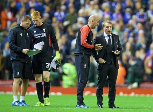 LIVERPOOL, ENGLAND - Wednesday, September 23, 2015: Liverpool's manager Brendan Rodgers and first team coach Gary McAllister pick the penalty takers as goalkeeping coach John Achterberg speaks with goalkeeper Adam Bogdan after the 1-1 extra time draw against Carlisle United during the Football League Cup 3rd Round match at Anfield. (Pic by David Rawcliffe/Propaganda)