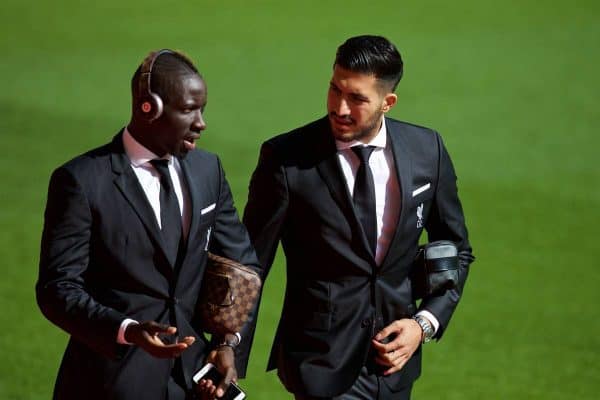 LIVERPOOL, ENGLAND - Saturday, September 26, 2015: Liverpool's Mamadou Sakho and Emre Can arrive at Anfield before the Premier League match against Aston Villa. (Pic by David Rawcliffe/Propaganda)