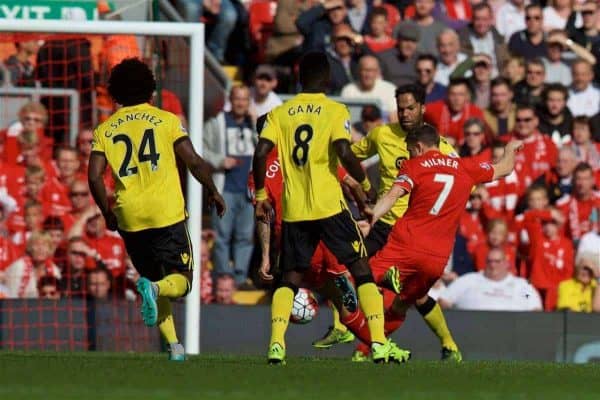 LIVERPOOL, ENGLAND - Saturday, September 26, 2015: Liverpool's James Milner scores the first goal against Aston Villa during the Premier League match at Anfield. (Pic by David Rawcliffe/Propaganda)