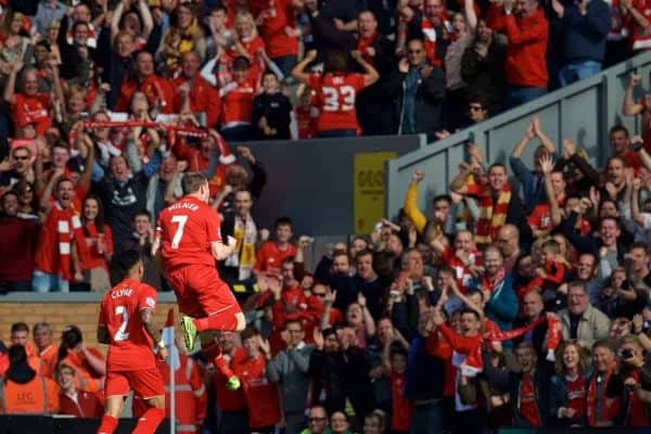 LIVERPOOL, ENGLAND - Saturday, September 26, 2015: Liverpool's James Milner celebrates scoring the first goal against Aston Villa during the Premier League match at Anfield. (Pic by David Rawcliffe/Propaganda)