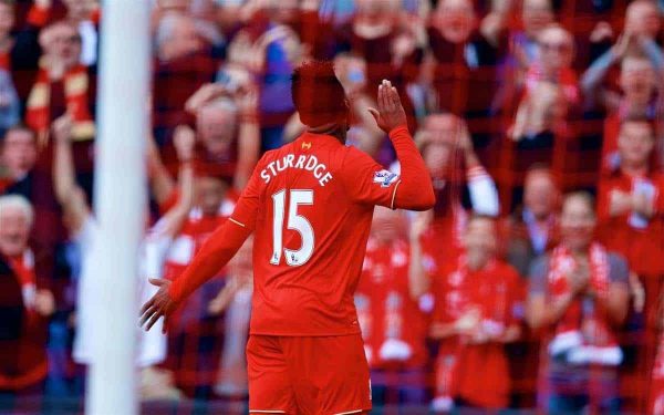 LIVERPOOL, ENGLAND - Saturday, September 26, 2015: Liverpool's Daniel Sturridge celebrates scoring the second goal against Aston Villa during the Premier League match at Anfield. (Pic by David Rawcliffe/Propaganda)