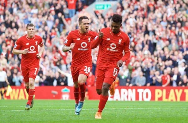 LIVERPOOL, ENGLAND - Saturday, September 26, 2015: Liverpool's Daniel Sturridge celebrates scoring the third goal against Aston Villa during the Premier League match at Anfield. (Pic by David Rawcliffe/Propaganda)