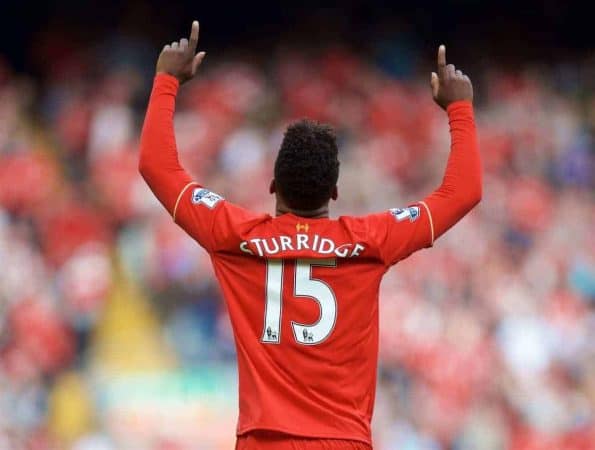 LIVERPOOL, ENGLAND - Saturday, September 26, 2015: Liverpool's Daniel Sturridge celebrates scoring the third goal against Aston Villa during the Premier League match at Anfield. (Pic by David Rawcliffe/Propaganda)