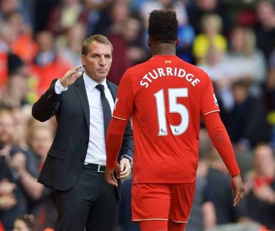 LIVERPOOL, ENGLAND - Saturday, September 26, 2015: Liverpool's manager Brendan Rodgers congratulates two-goal hero Daniel Sturridge as he substitutes the striker during the 3-2 Premier League victory over Aston Villa at Anfield. (Pic by David Rawcliffe/Propaganda)