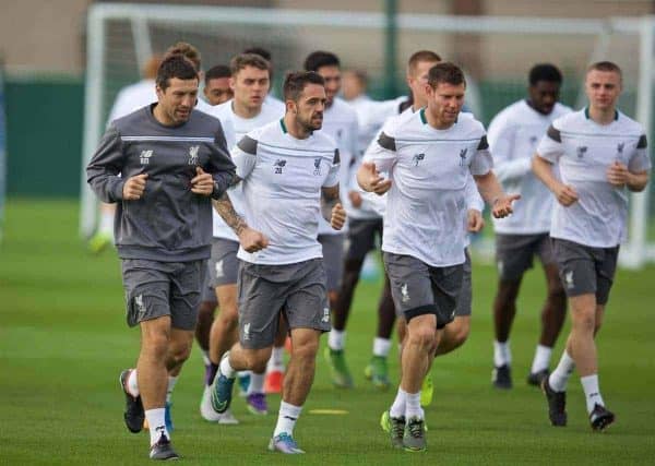 LIVERPOOL, ENGLAND - Wednesday, September 30, 2015: Liverpool's Danny Ings and James Milner during a training session at Melwood Training Ground ahead of the UEFA Europa League Group Stage Group B match against FC Sion. (Pic by David Rawcliffe/Propaganda)