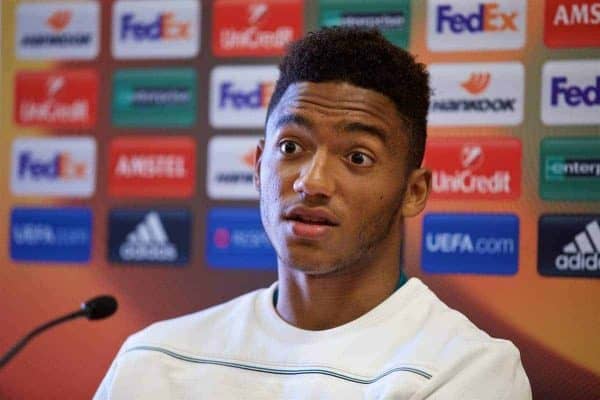 LIVERPOOL, ENGLAND - Wednesday, September 30, 2015: Liverpool's Joe Gomez during a press conference at Melwood Training Ground ahead of the UEFA Europa League Group Stage Group B match against FC Sion. (Pic by David Rawcliffe/Propaganda)