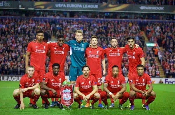 LIVERPOOL, ENGLAND - Thursday, October 1, 2015: Liverpool's players line up for a team group photograph before the UEFA Europa League Group Stage Group B match against FC Sion at Anfield. Back row L-R: Joe Gomez, Divock Origi, goalkeeper Simon Mignolet, Adam Lallana, Danny Ings, Emre Can. Front row L-R: Mario Balotelli, Kolo Toure, Joe Allen, Nathaniel Clyne, Jordon Ibe. (Pic by David Rawcliffe/Propaganda)