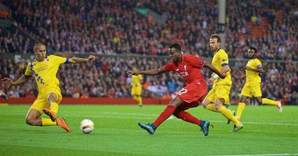 LIVERPOOL, ENGLAND - Thursday, October 1, 2015: Liverpool's Divock Origi in action against FC Sion during the UEFA Europa League Group Stage Group B match at Anfield. (Pic by David Rawcliffe/Propaganda)