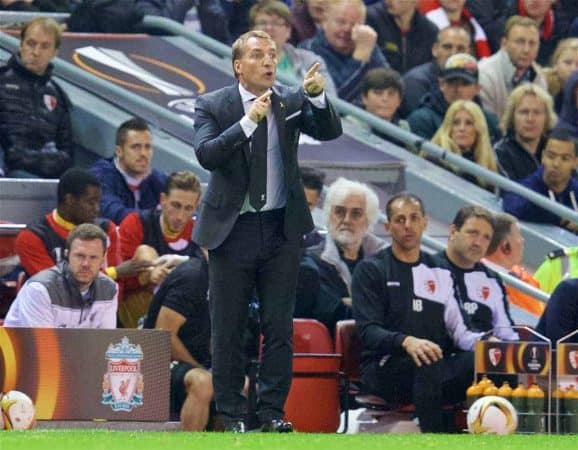 LIVERPOOL, ENGLAND - Thursday, October 1, 2015: Liverpool's manager Brendan Rodgers during the UEFA Europa League Group Stage Group B match against FC Sion at Anfield. (Pic by David Rawcliffe/Propaganda)